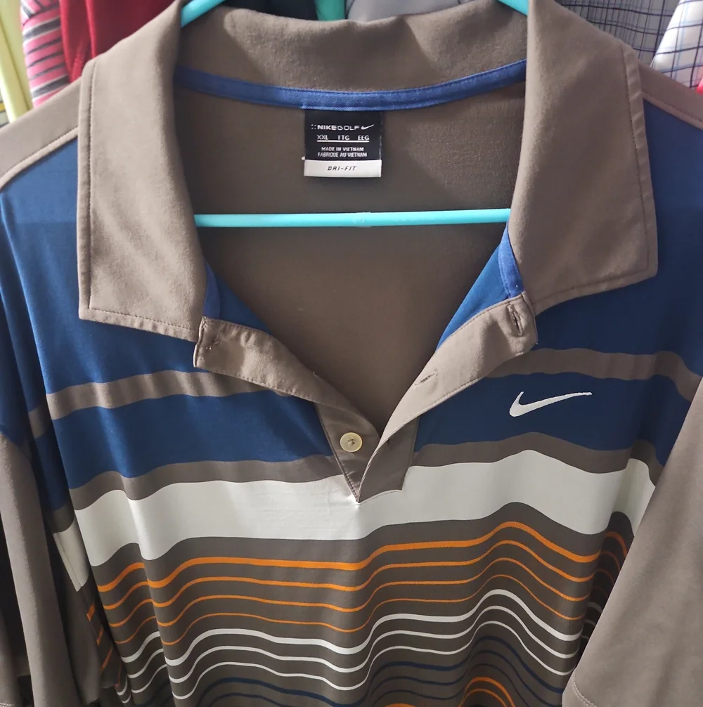 Nike Men's Blue, Brown & Orange Striped Golf Polo